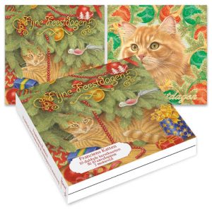 Katten kerstkaarten 10 stuks | Rode kat onder kerstboom – Rode kat en kerstballen