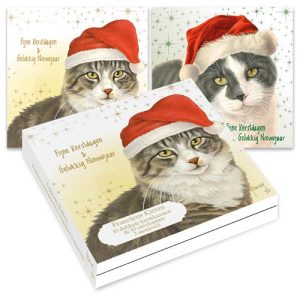 Katten kerstkaarten 10 stuks | 2 verschillende katten met kerstmuts